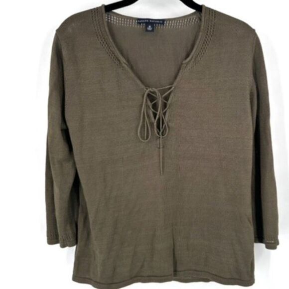 VTG Y2K Banana Republic Silk Lace up Olive Green Sweater Peasant Cottage Medium - Picture 1 of 10